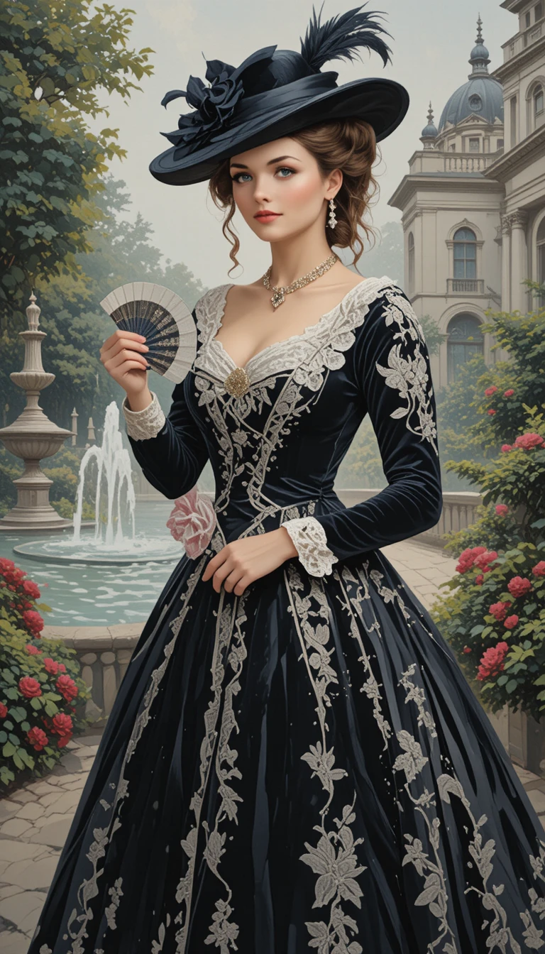 Elegant woman in black velvet gown by garden fountain