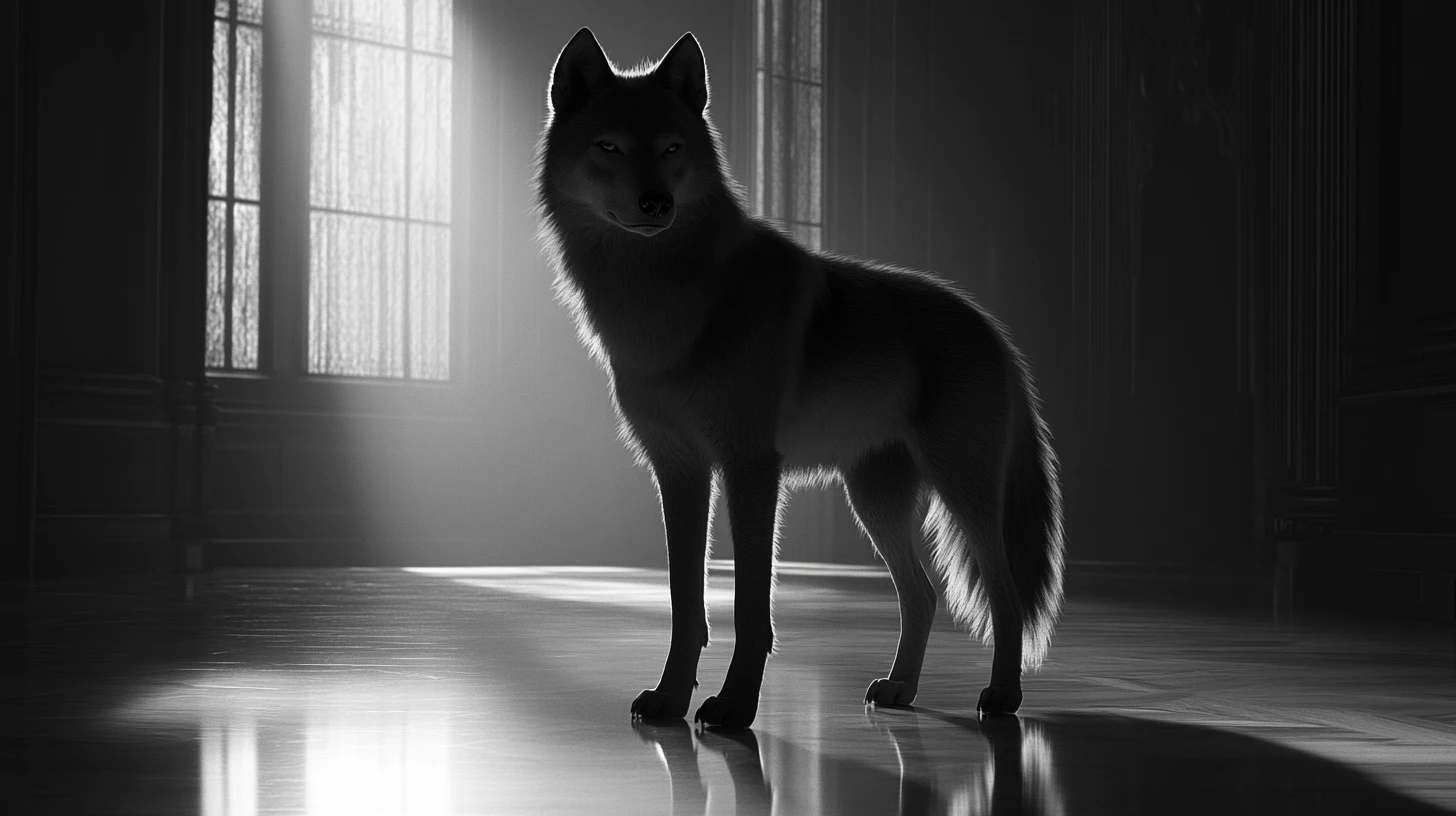 Tall wolf posed like a runway model in gothic hall
