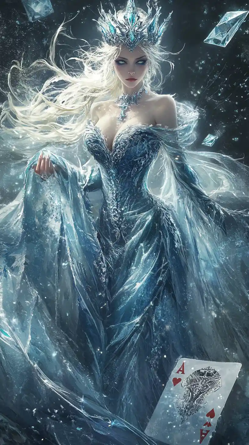 Ice queen in silver gown before diamond card