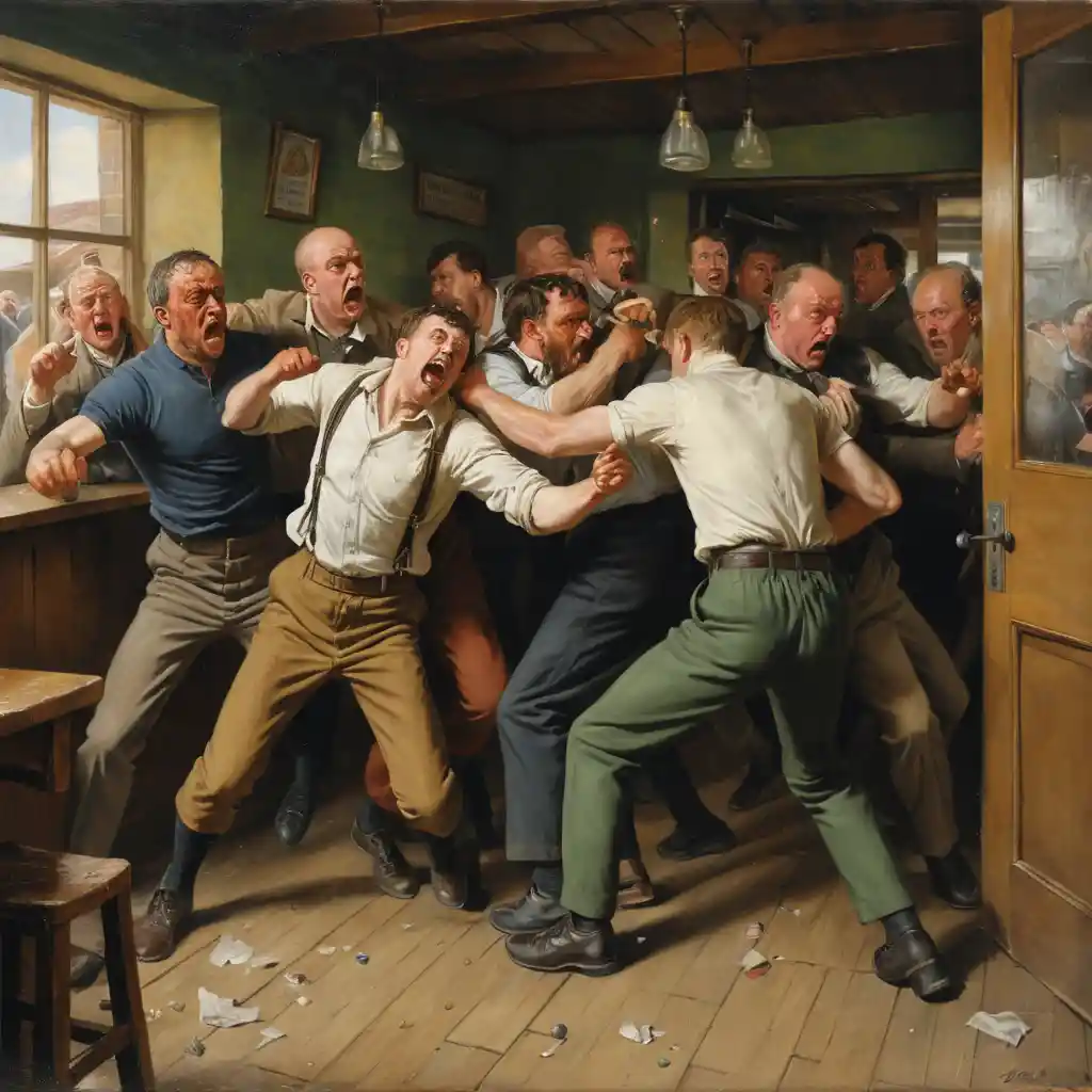 Drunken brawl between men in a crowded holiday bar