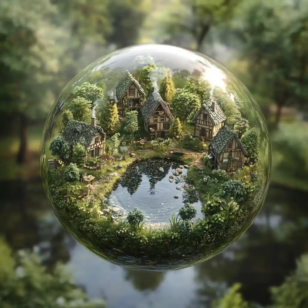 Tiny village reflected inside a glistening water droplet