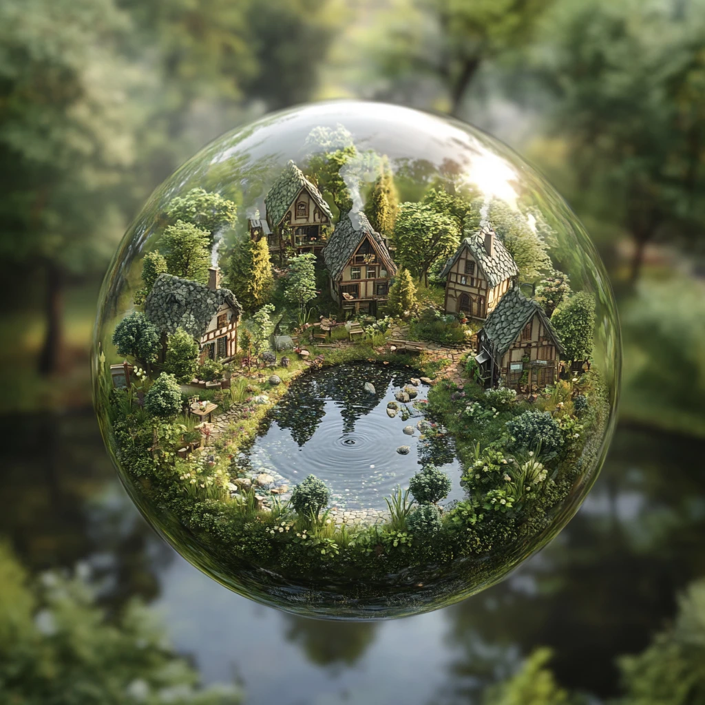 Pequeño pueblo reflejado en una reluciente gota de agua