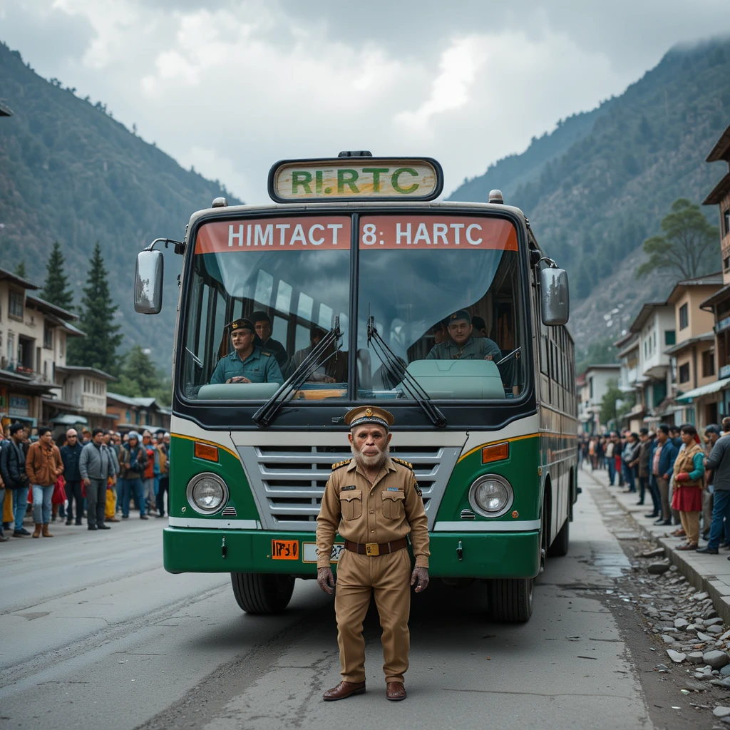 Mountain bus on narrow Himalayan road with village crowd