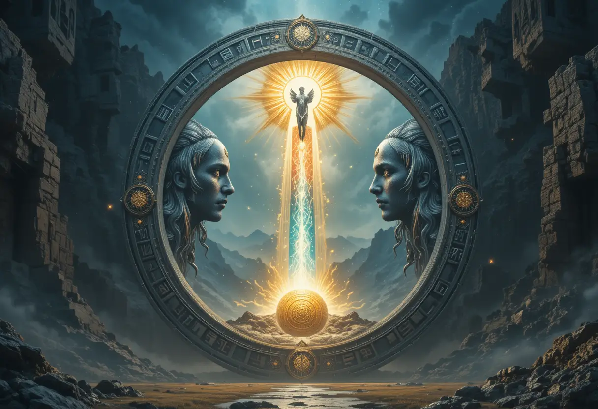 Ancient stone time gate glowing with runes and light