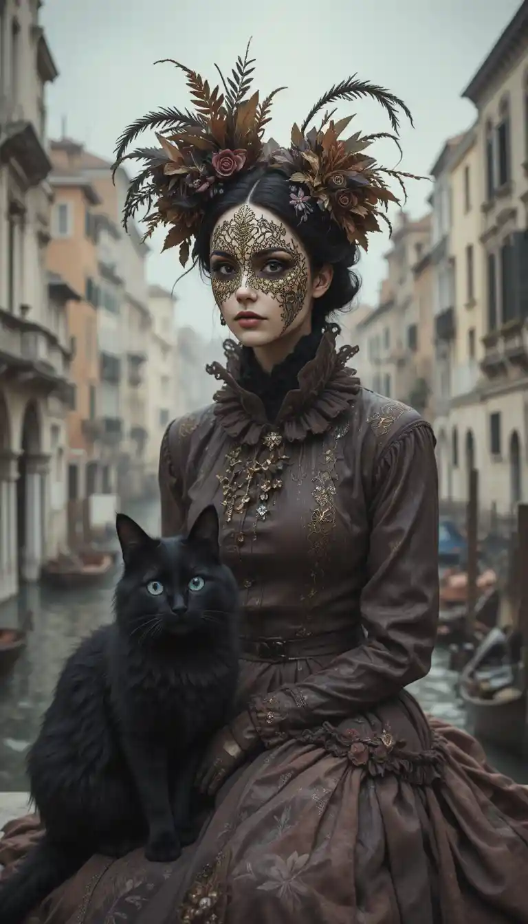 Masked woman with cat in surreal historic Venice scene