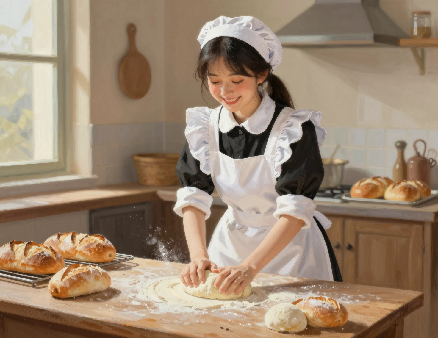 Cheerful Young Maid Kneading Bread Dough In Sunlit Kitchen