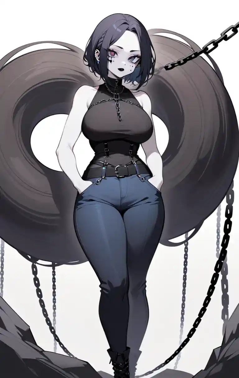Young woman in gothic outfit with chains and dark lipstick