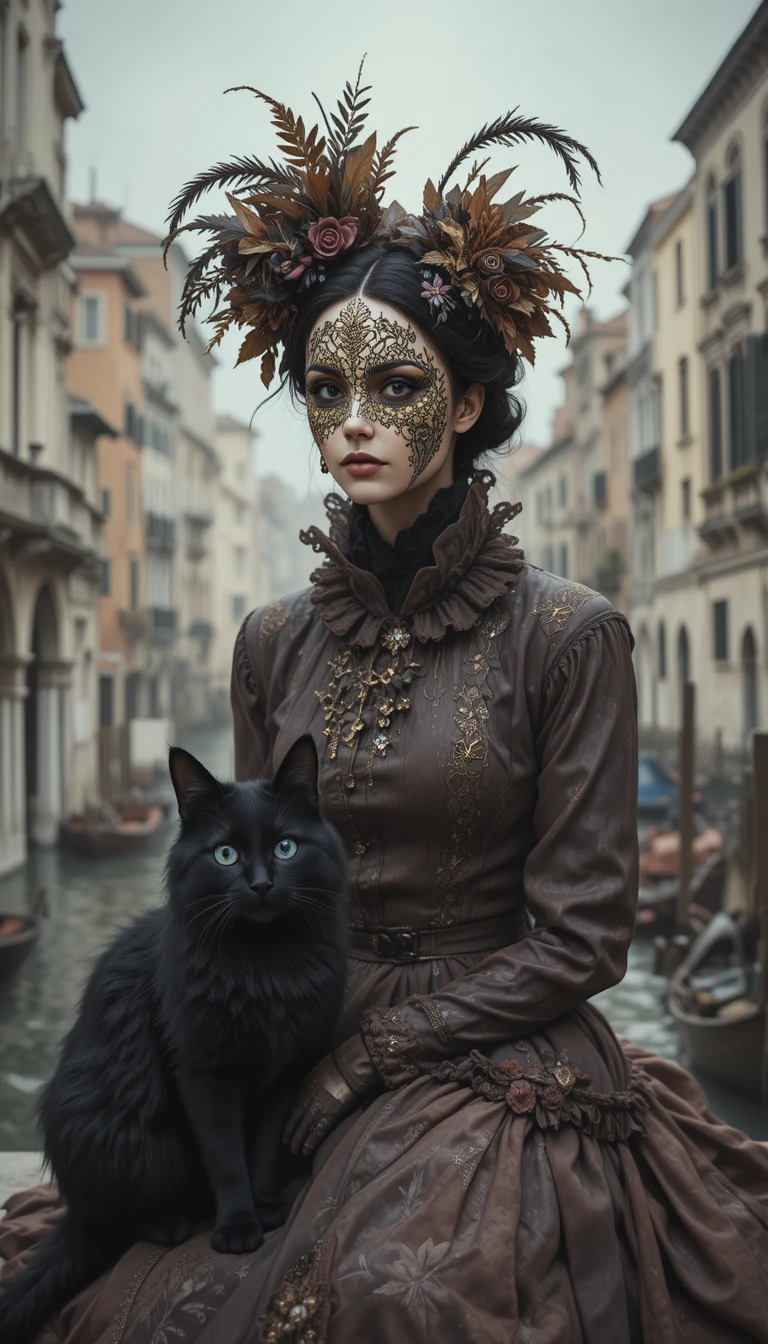 Masked woman with cat in surreal historic Venice scene