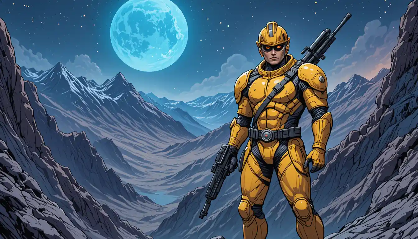 Armored sci fi soldier on cliff under glowing blue moon