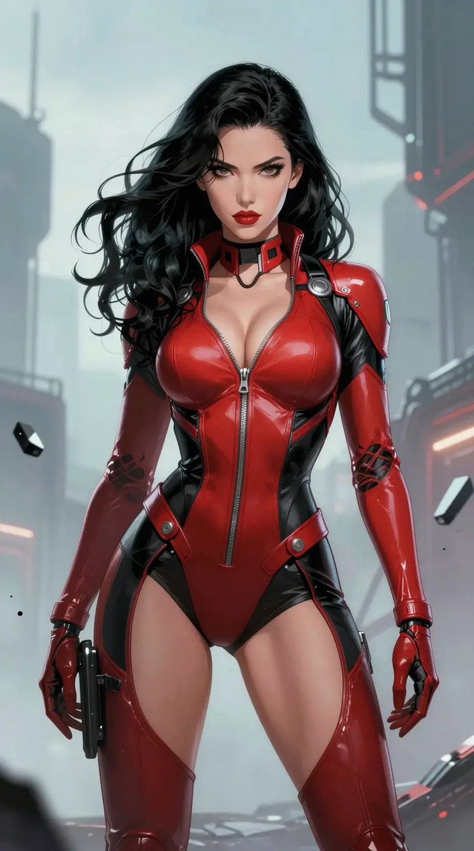 Cyborg heroine in red armor in a dystopian sci fi city
