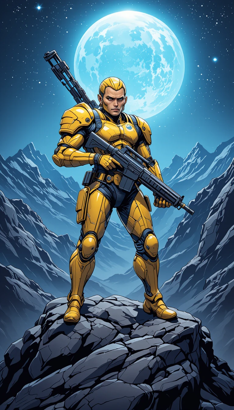 Armored sci fi warrior on a rocky mountain cliff at night