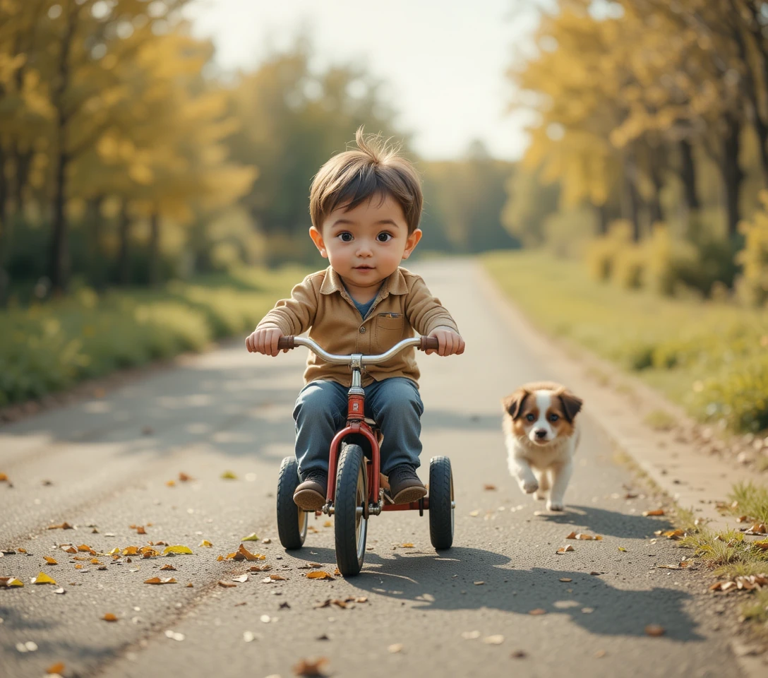 Young boy riding a tricycle chased by a tiny dog