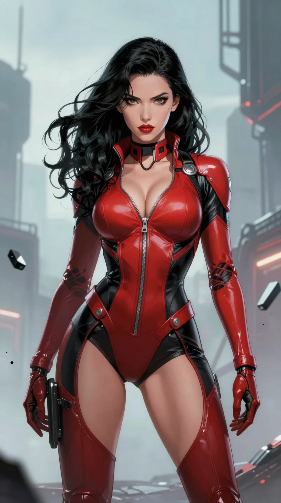Heroína ciborgue em armadura vermelha em uma cidade sci‑fi distópica
