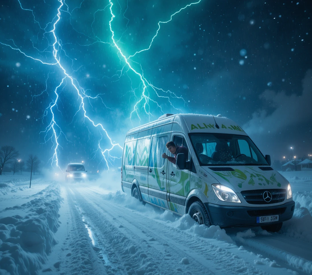 Electric milk truck stuck in snow with vivid lightning