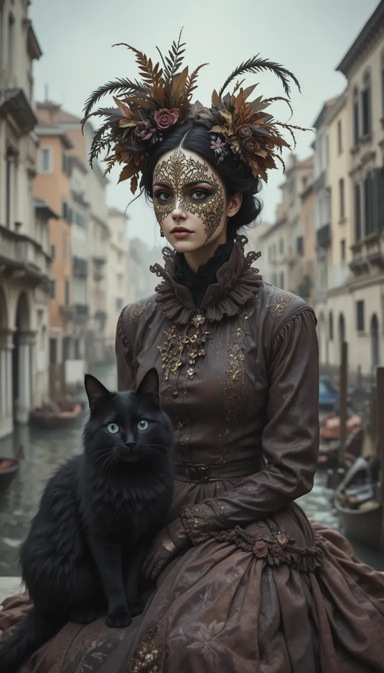 Masked woman with cat in surreal historic Venice scene