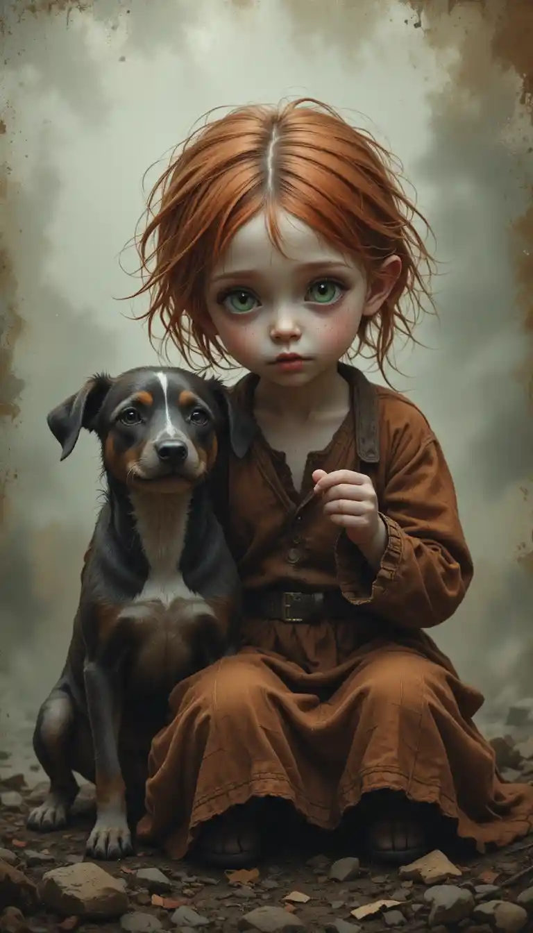 Poor child begging beside a scruffy street dog