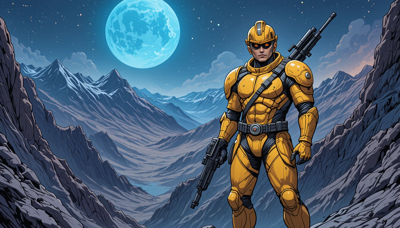 Armored sci fi soldier on cliff under glowing blue moon