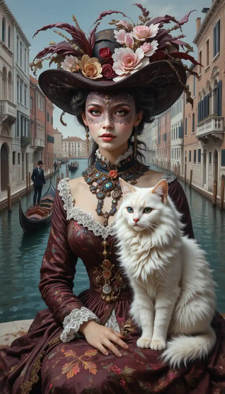 Masked woman with white cat in surreal venetian canal scene