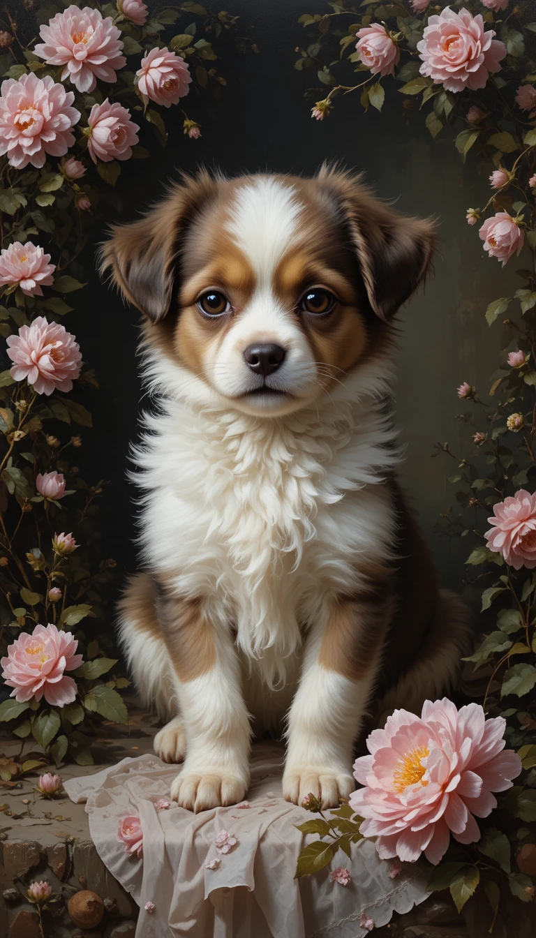 Cute puppy in a blooming spring scene with impressionist style
