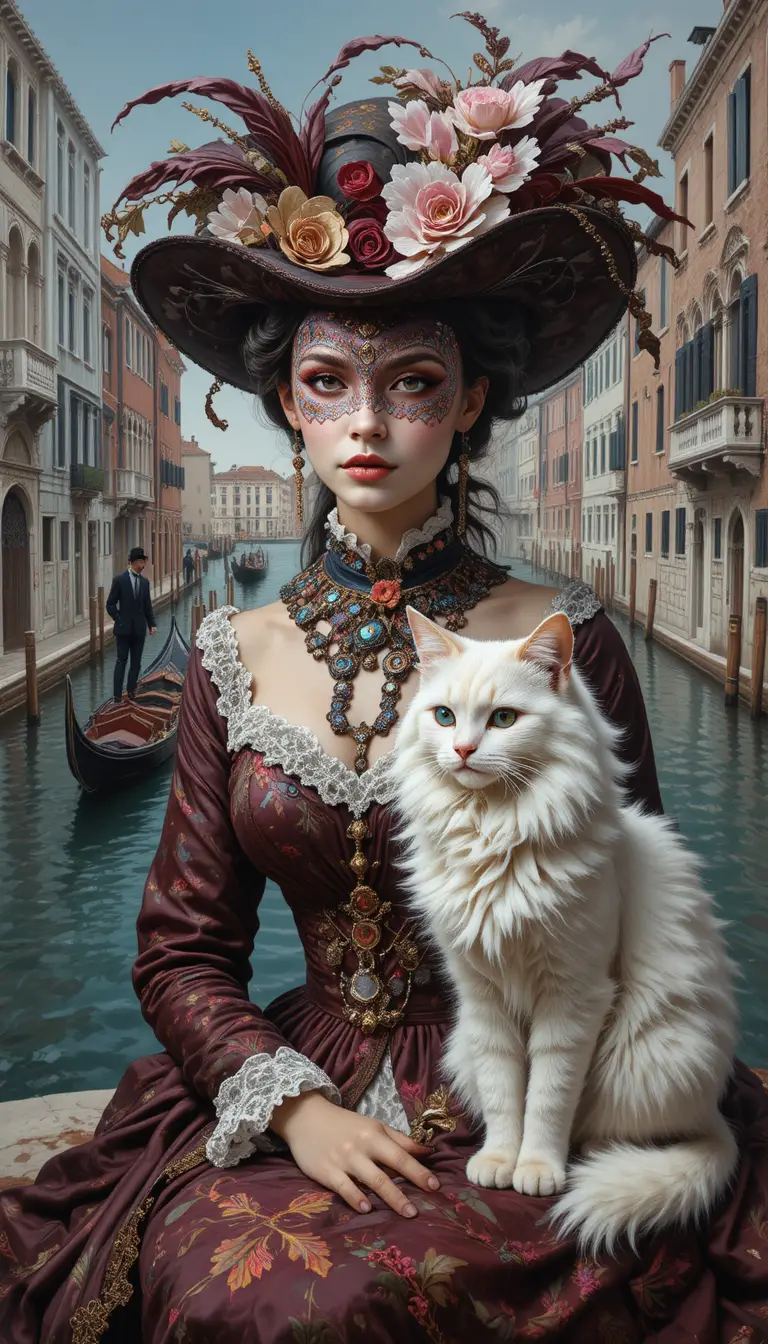 Masked woman with white cat in surreal venetian canal scene
