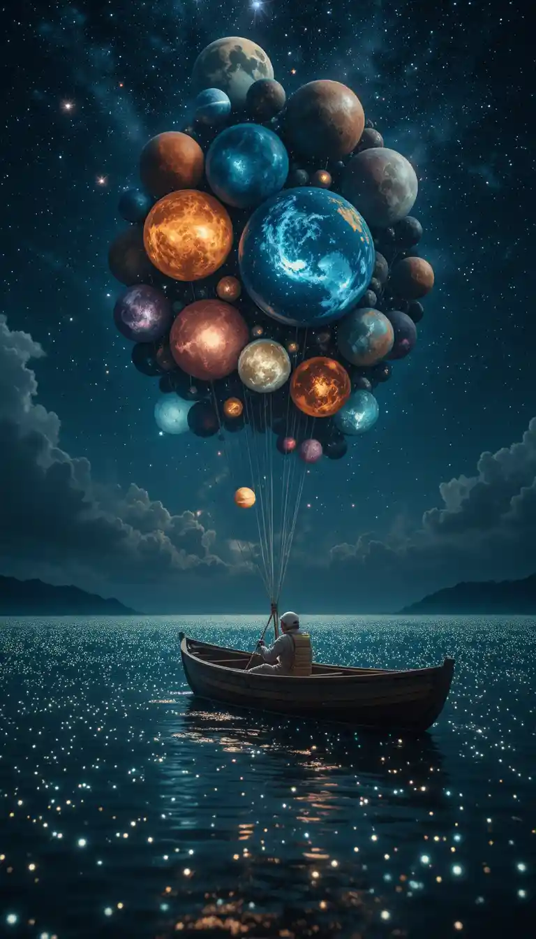 Astronaut Sailing A Bioluminescent Sea Under Floating Planets