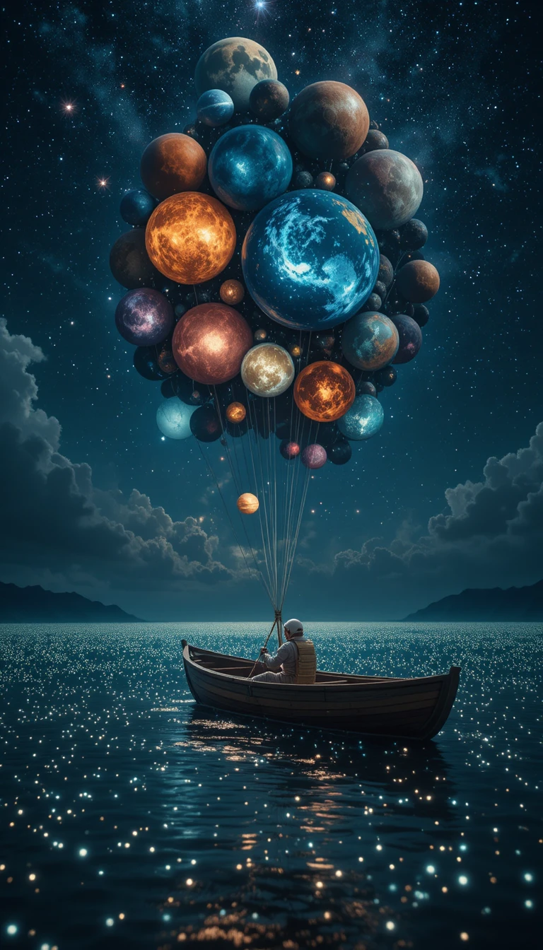 Astronaut Sailing A Bioluminescent Sea Under Floating Planets