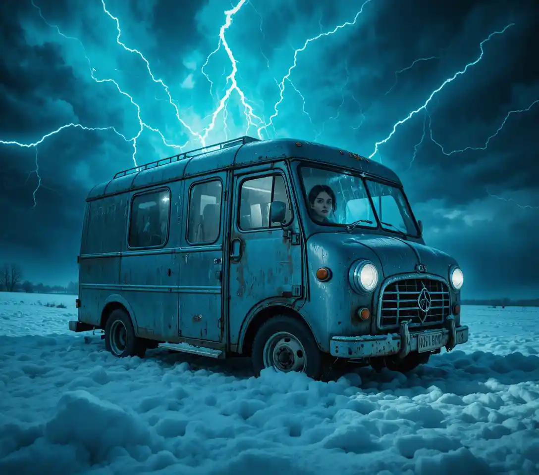Vintage electric milk van in a stormy snowy landscape