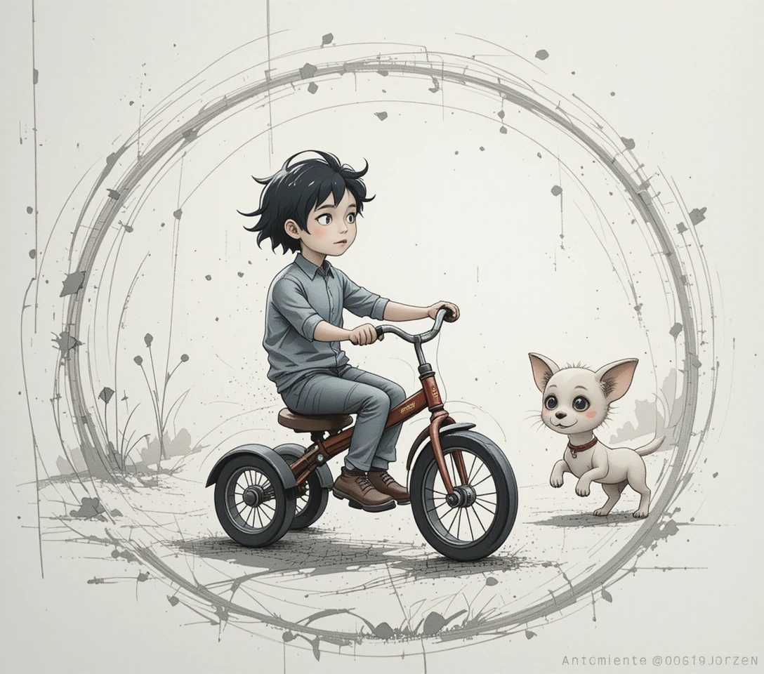 Young boy on a tricycle chased by a tiny dog