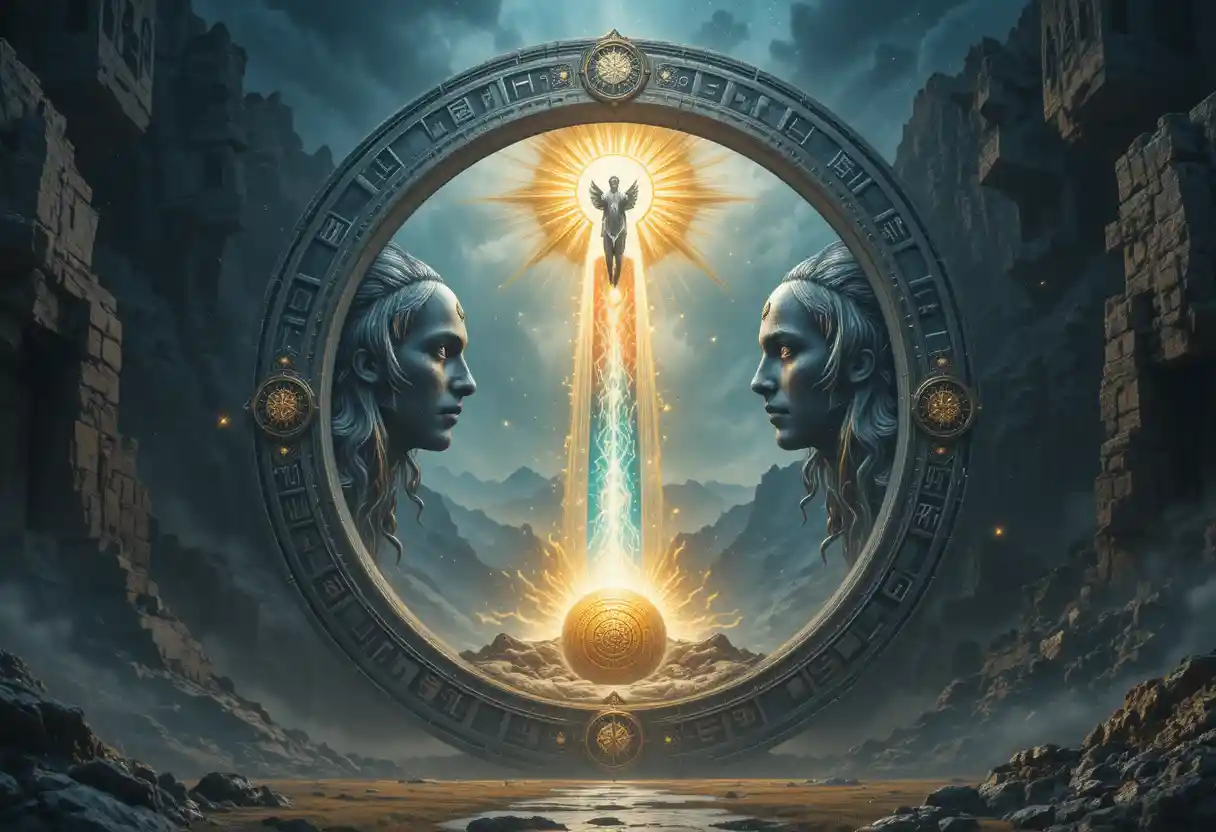Antico portale di pietra del tempo che brilla di rune e luce