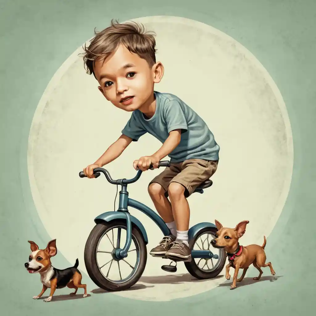 Young boy riding a tricycle chased by a tiny dog