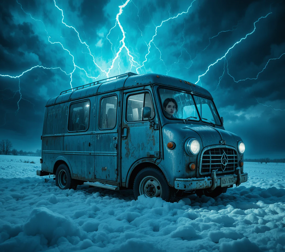 Vintage electric milk van in a stormy snowy landscape