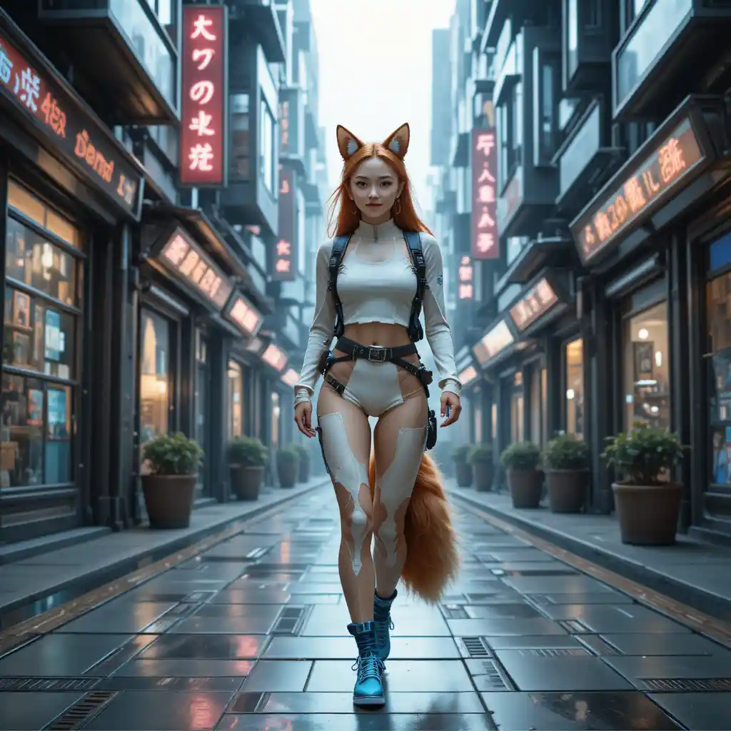 Smiling red haired teenage girl in a futuristic city street