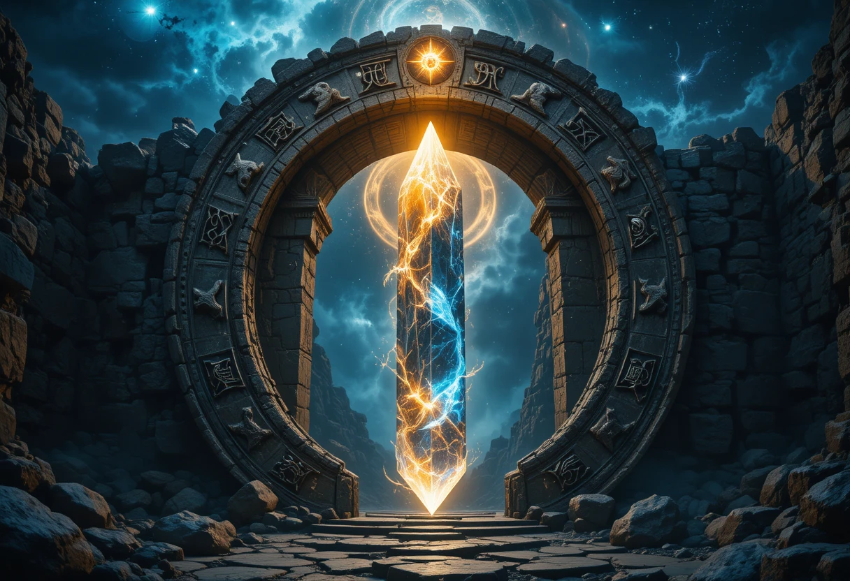 Ancient Zodiac Stone Gate Opening Onto Cosmic Nebula