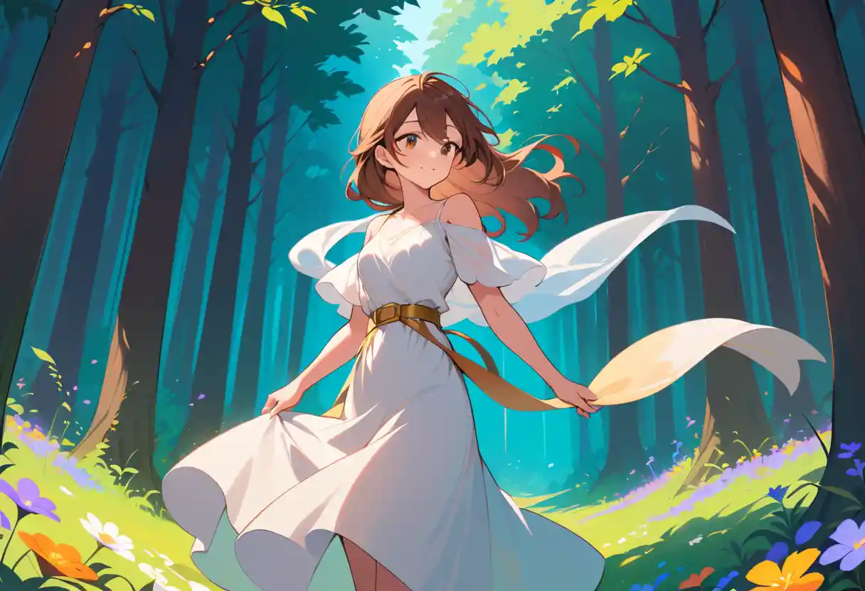 Young woman in white dress standing in green forest