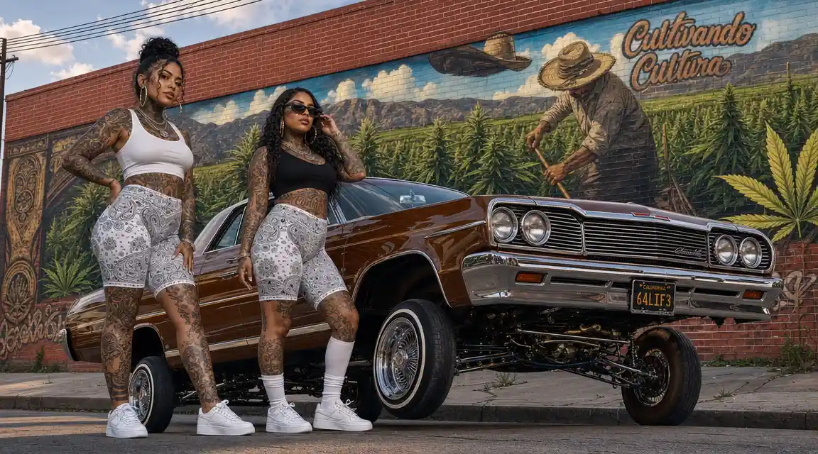 Tattooed women in white bandana shorts by bouncing lowrider