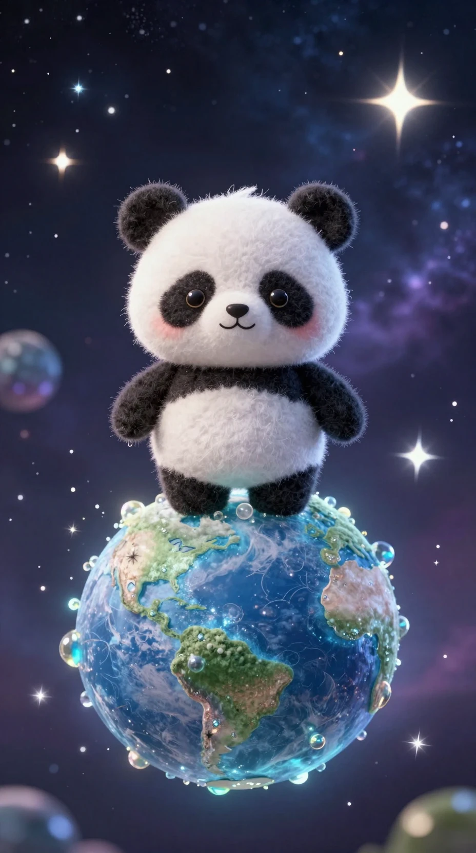 Cute chibi panda on glowing crystal earth in space