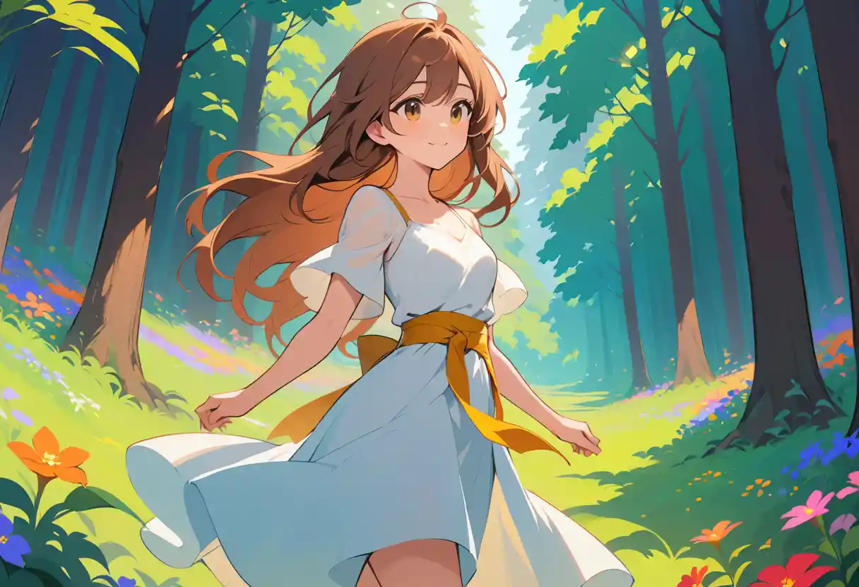 Young woman in white dress standing in green forest
