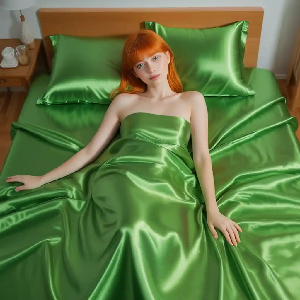 Woman with orange hair lying on green satin bed