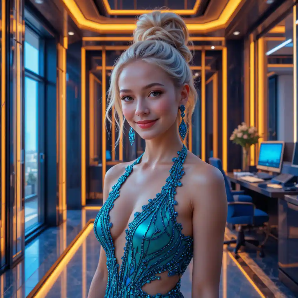 Smiling blonde woman in green embellished couture gown