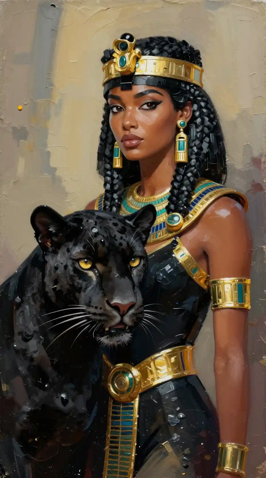 Regal North African woman with black panther companion