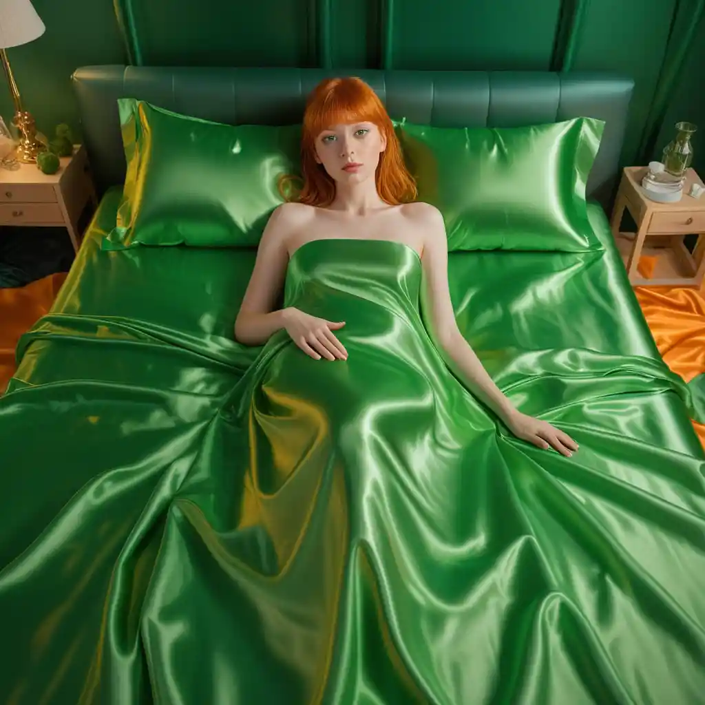 Woman with orange hair lying on green satin bed