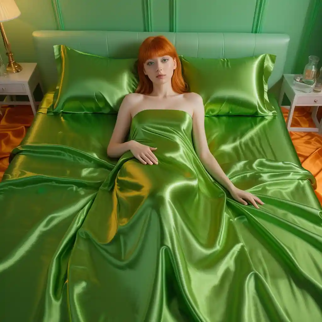 Woman with orange hair lying on bright green satin bed