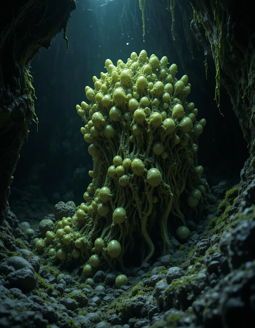 Alien egg clusters in a dark slime filled cave lagoon