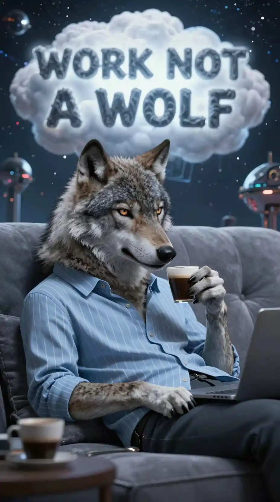 Cool gray wolf relaxing on a sofa with coffee