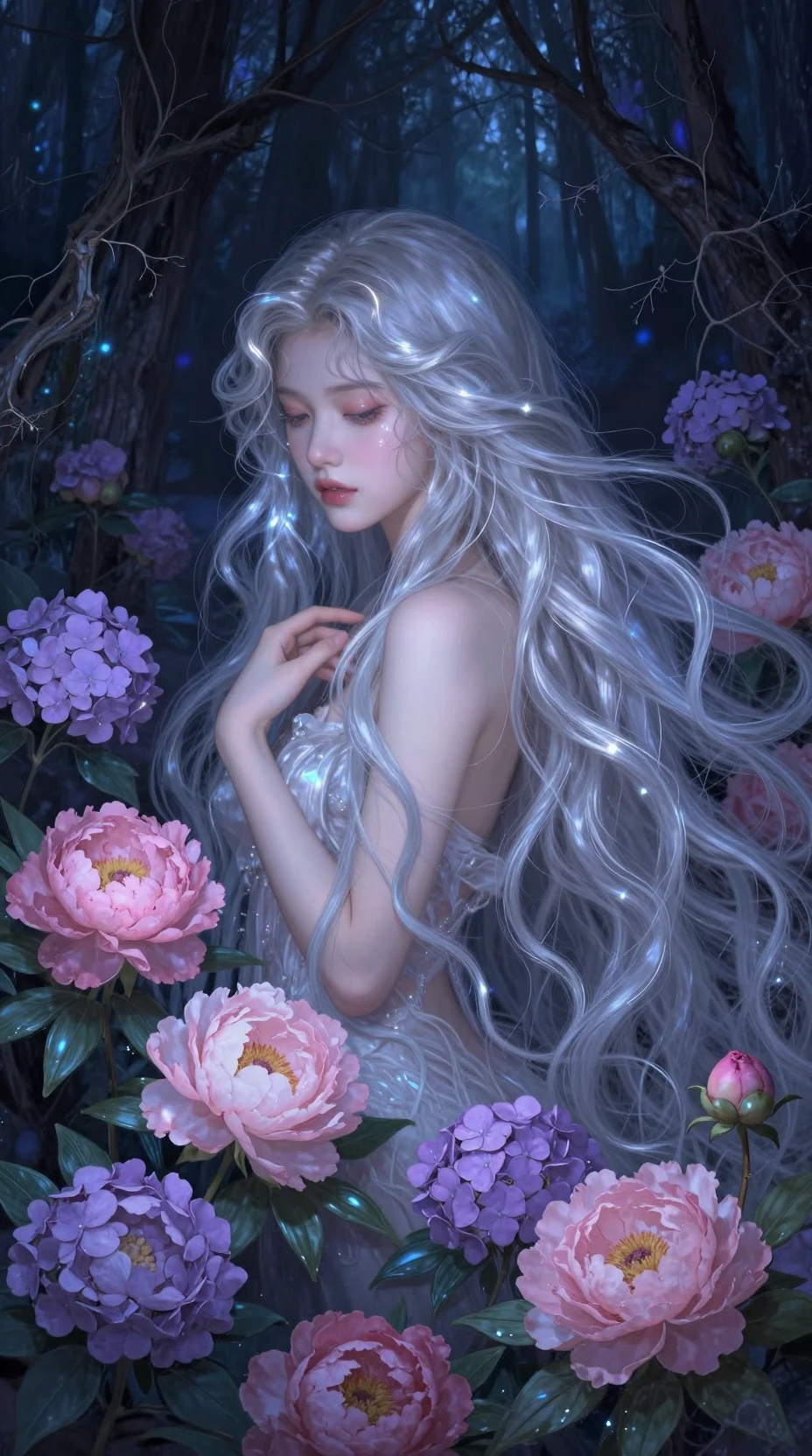 Diosa de cabello plateado en un bosque floral encantado