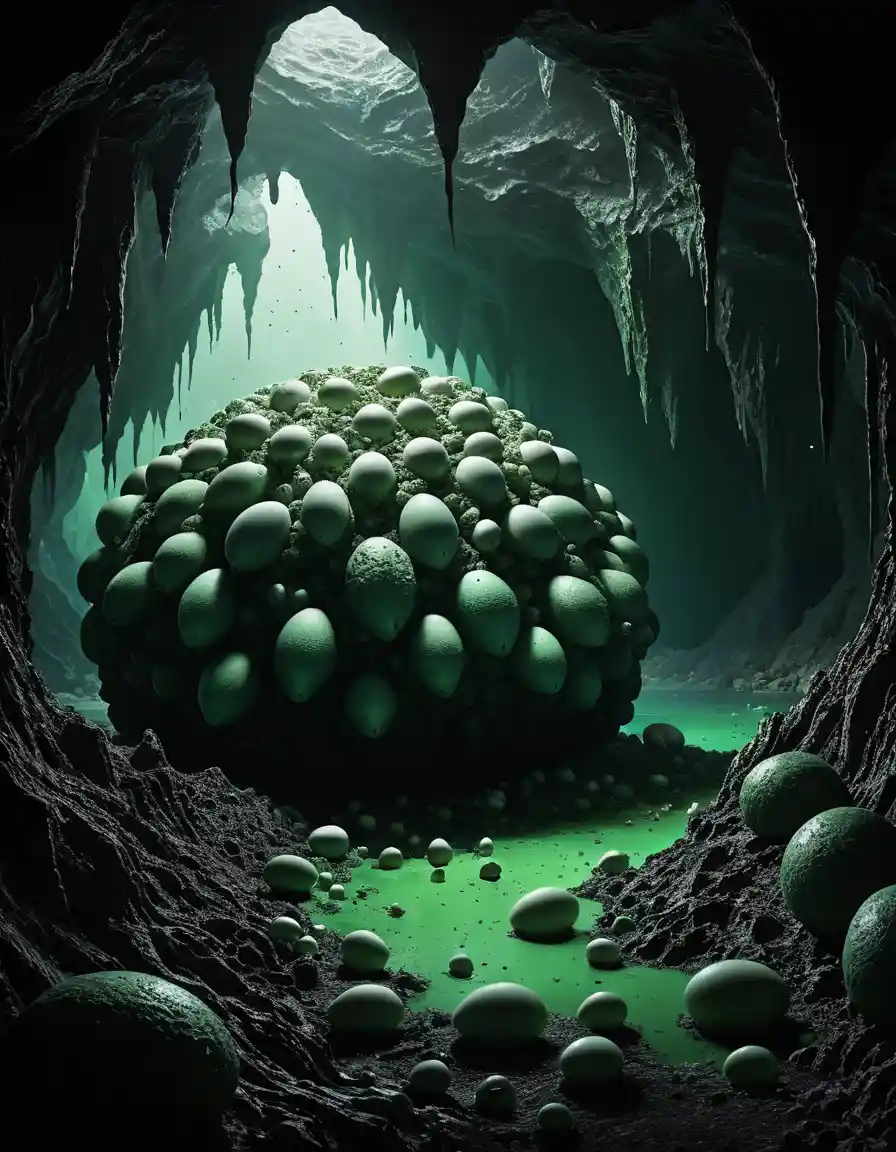 Alien lagoon cave filled with eerie cocoon clusters