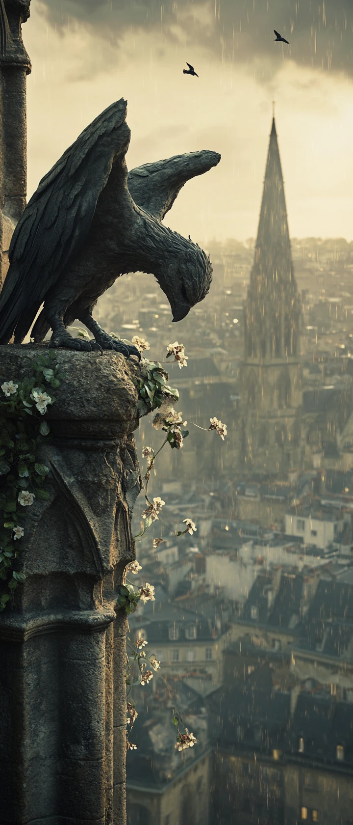 Gargoyle And Bird Above A Rain Soaked Gothic City