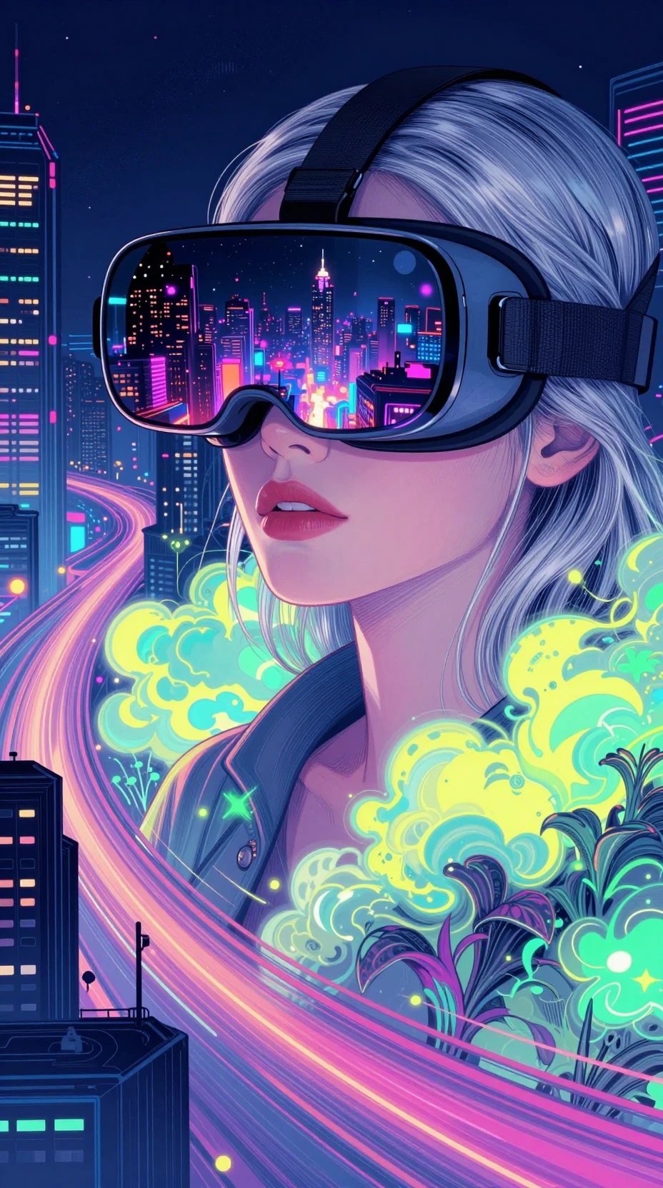 Mujer cyberpunk con gafas de VR sobre ciudad neón