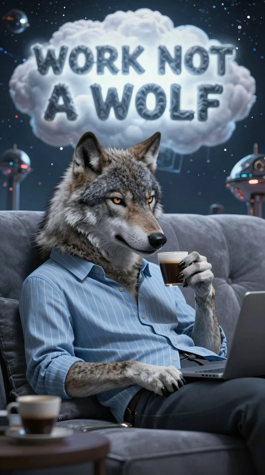 Cool gray wolf relaxing on a sofa with coffee