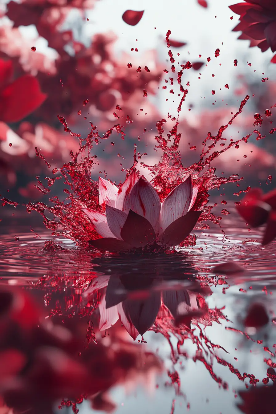 Mysterious lotus reflecting in water with dark splashes